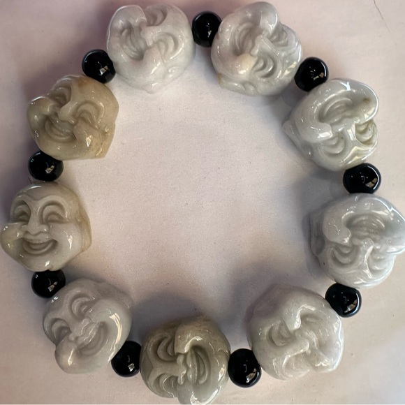 Certified Natural Grade A Myanmar Jade Green Jade Smiling Buddha Men's Bracelet - Picture 8 of 14